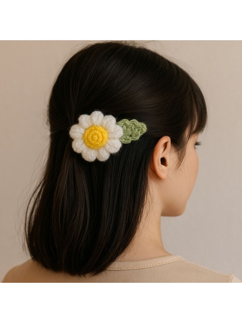 Handmade Crochet Floral Hair Clip White Yellow Green